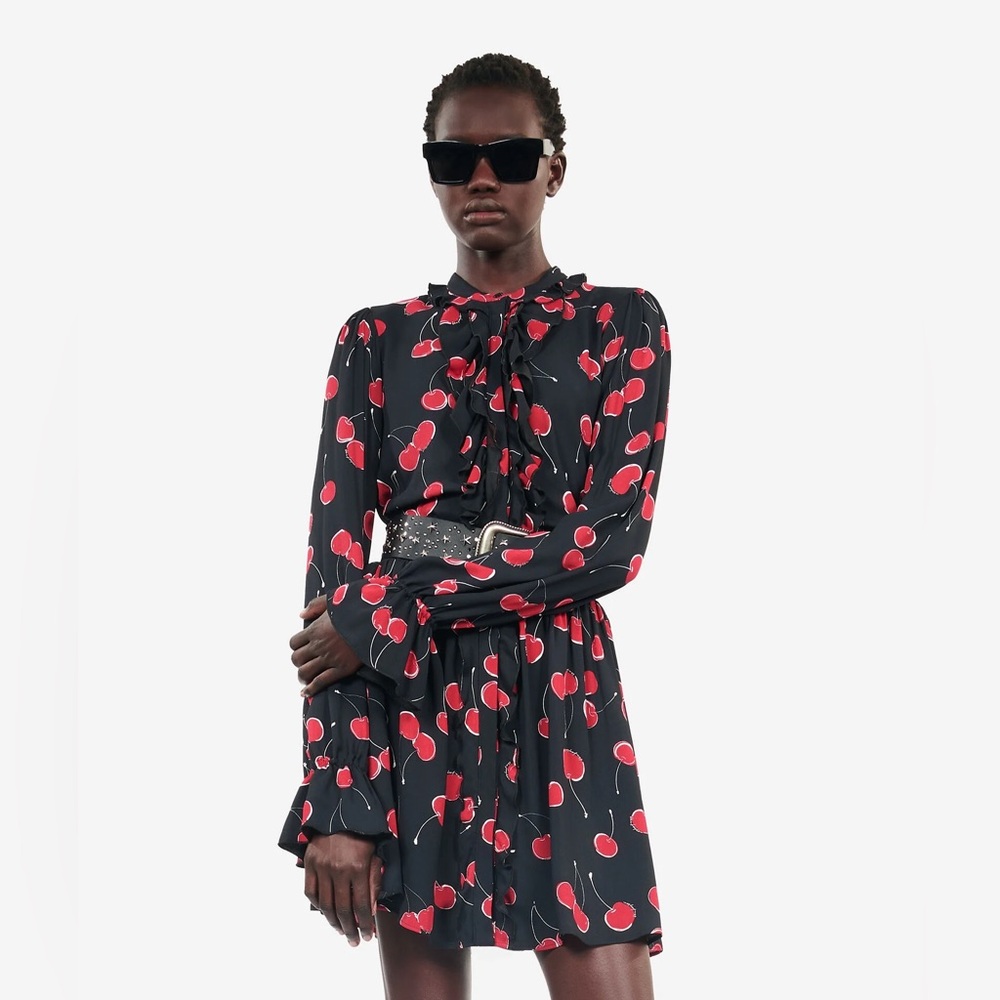 Cherry Print Black Mini Dress The Kooples Size 1 - Small